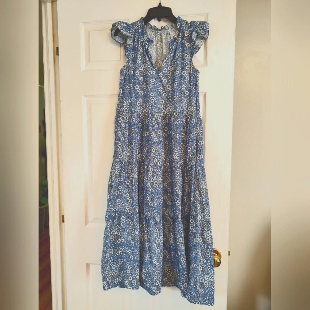 J.Crew Blue Flower Print Tiered Dress S